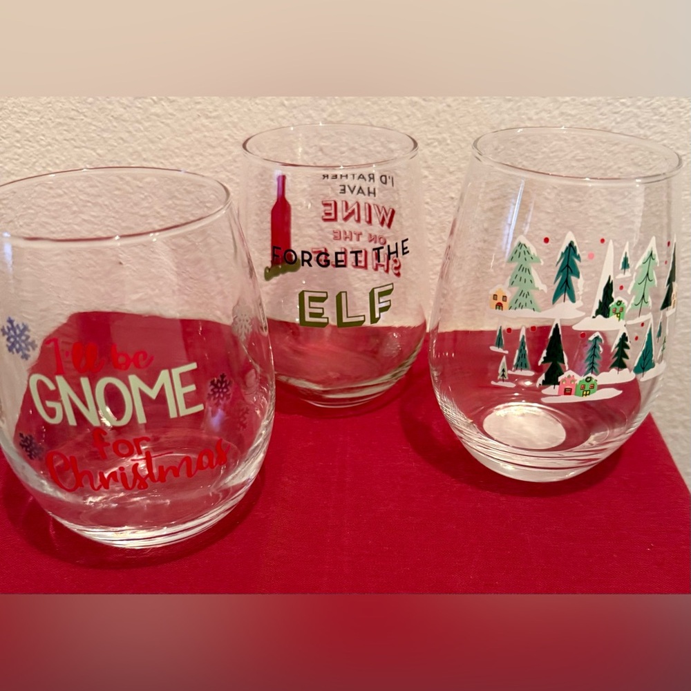 3 Holiday stemless wine glasses 16oz & 20oz. Funny / charming